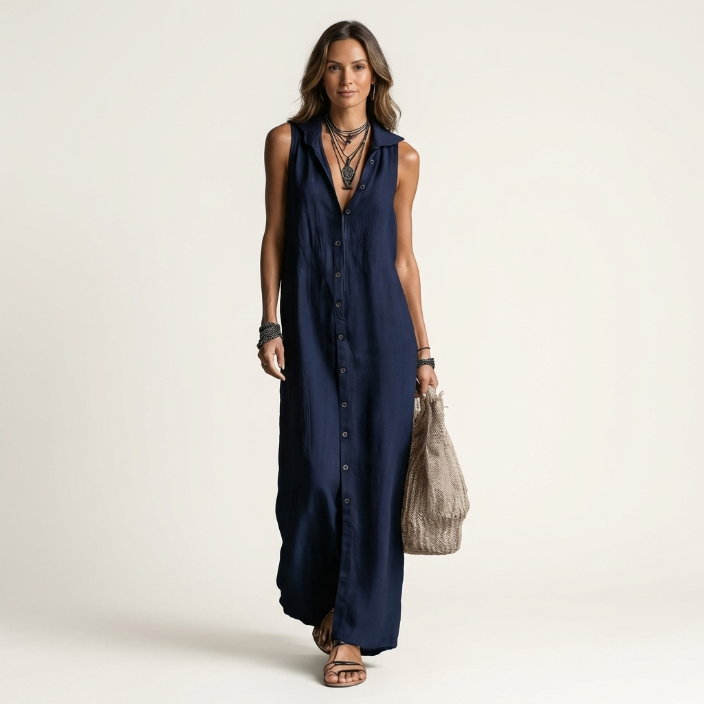Mirabell hooded button-front maxi dress in navy blue, full-length front view