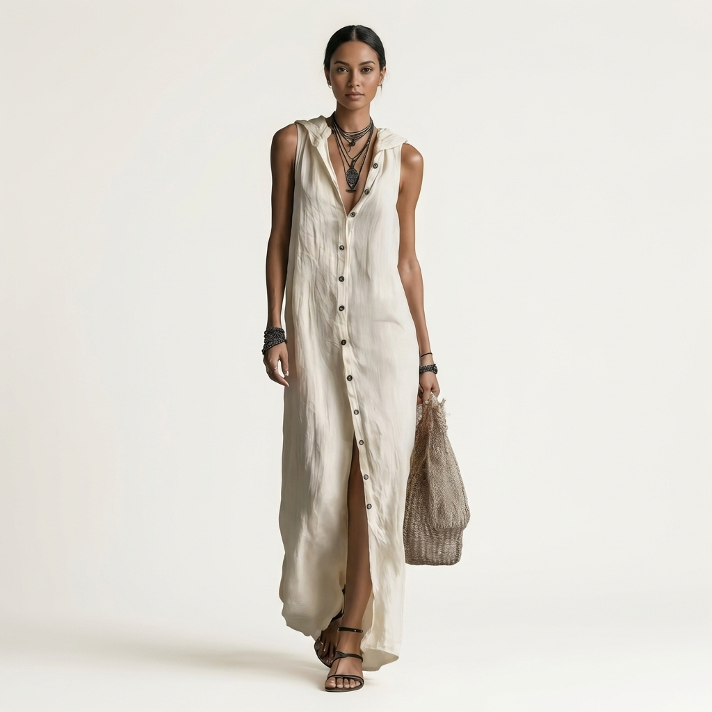 Mirabell hooded button-front maxi dress in white, full-length front view