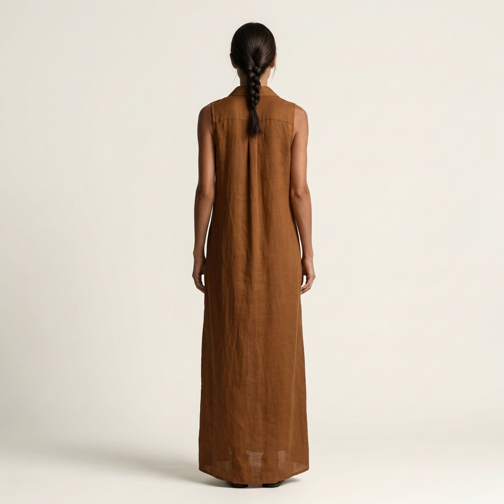 Mirabell hooded maxi dress in brown, back view