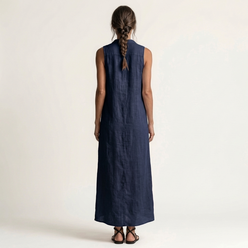 Mirabell hooded maxi dress in navy blue, back view