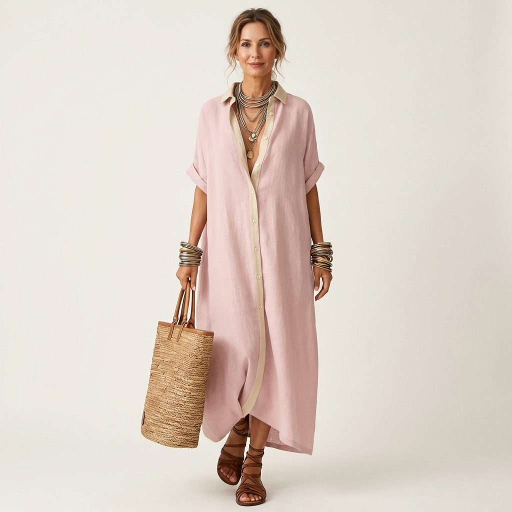 Kamira contrast-collar maxi shirt dress in pink, full-length front view