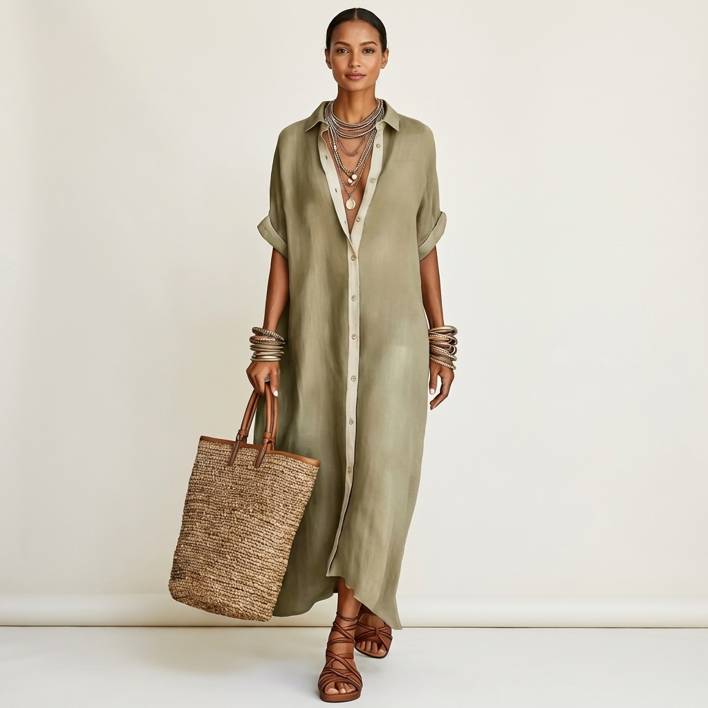 Kamira contrast-collar maxi shirt dress in green, full-length front view