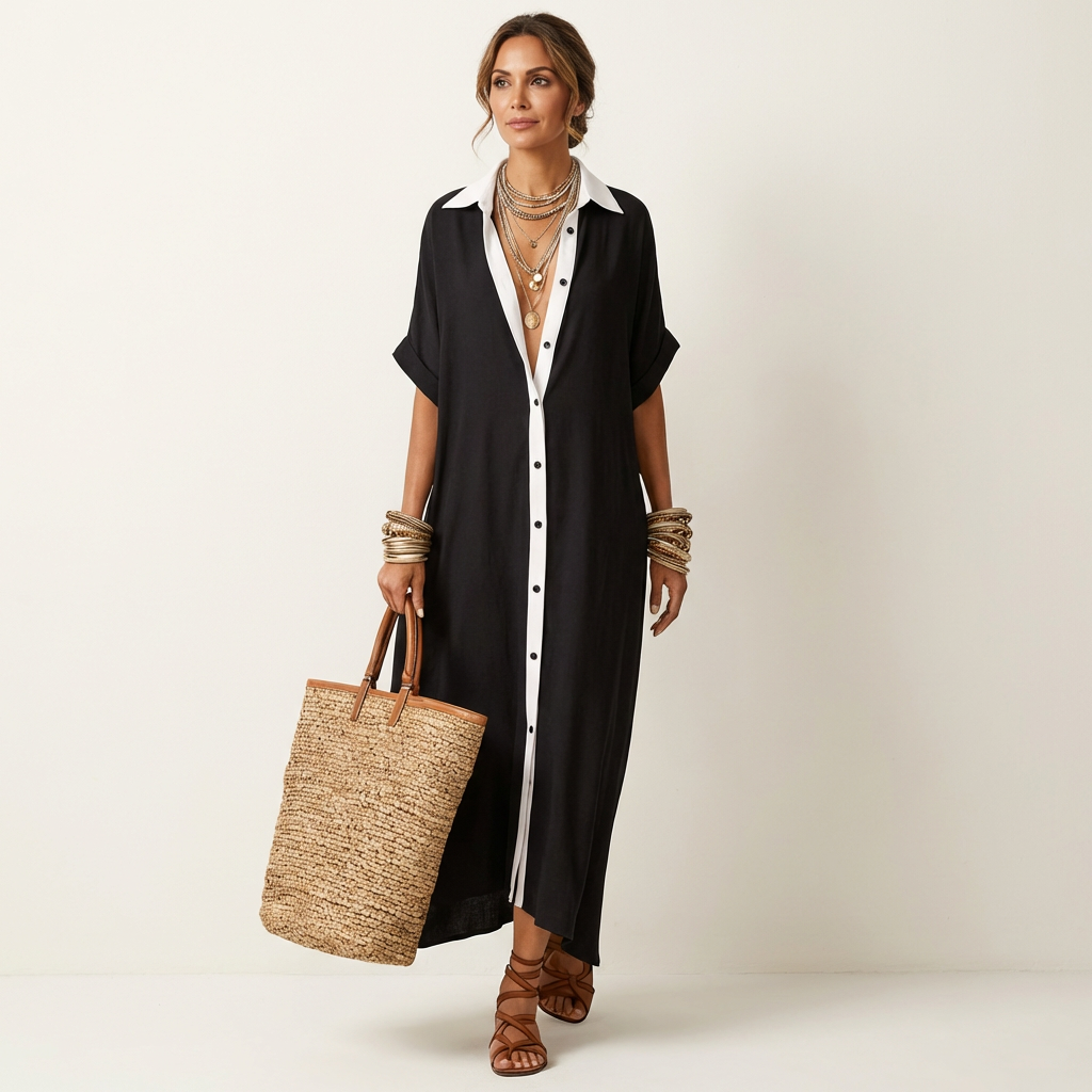 Kamira contrast-collar maxi shirt dress in black, full-length front view