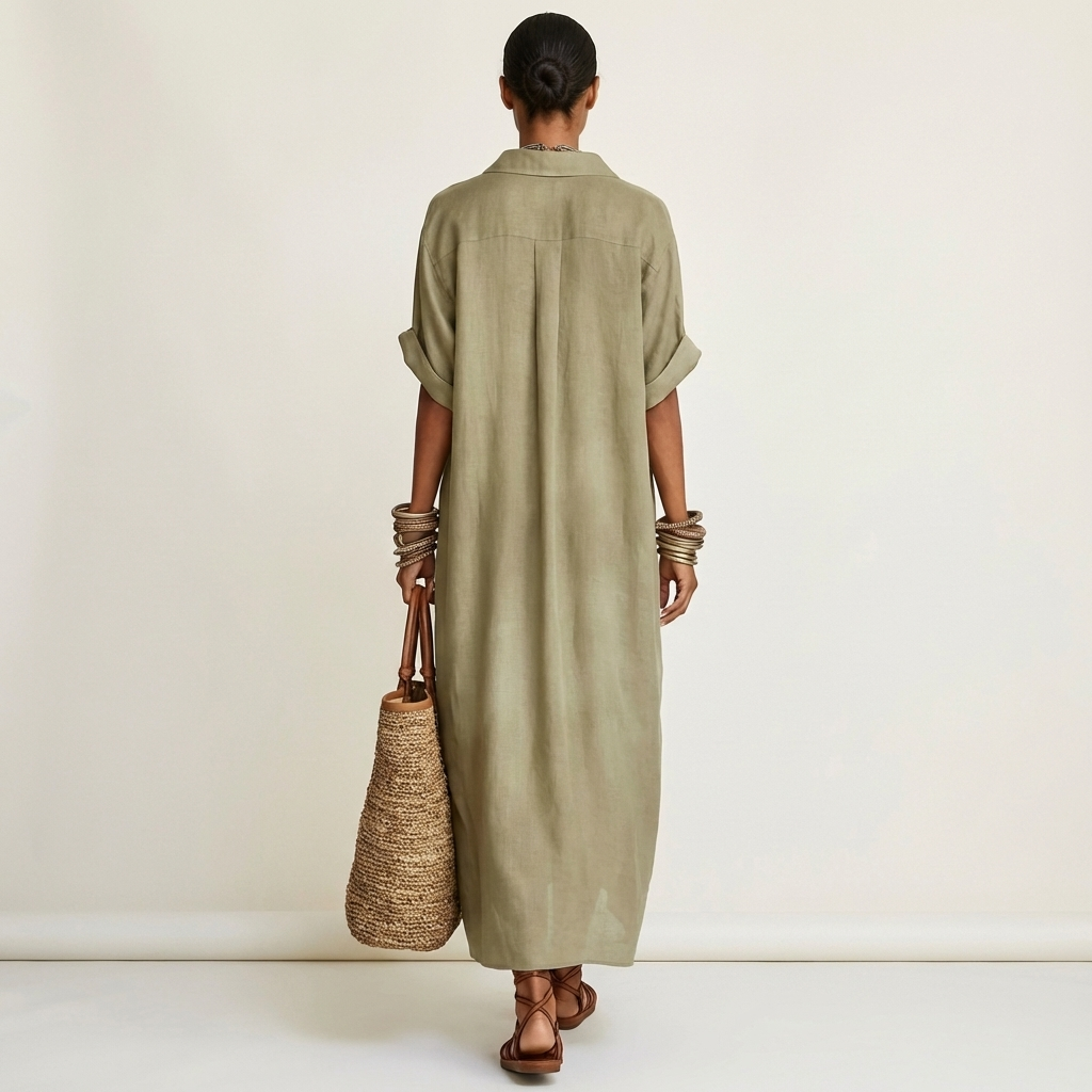 Kamira maxi shirt dress in green, full-length back view