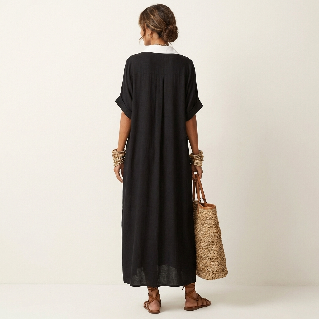Kamira maxi shirt dress in black, full-length back view