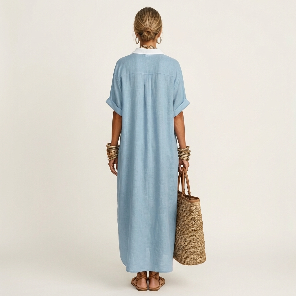 Kamira maxi shirt dress in blue, full-length back view