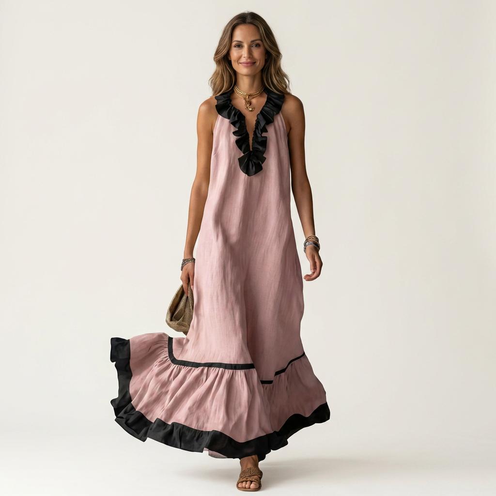 Mayline sleeveless ruffle-neck maxi dress in pink, front view