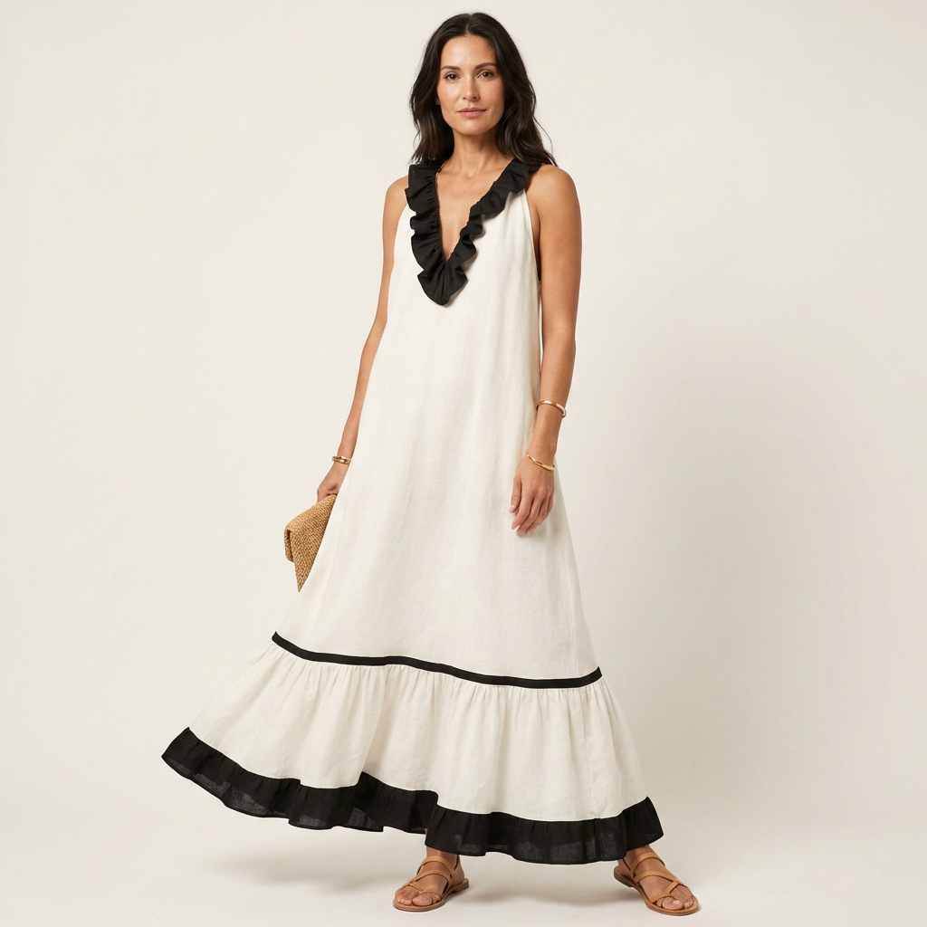 Mayline | Sleeveless Ruffle-Neck Contrast-Trim Maxi Dress