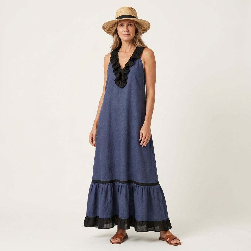 Mayline sleeveless maxi dress in navy blue, front view with straw hat