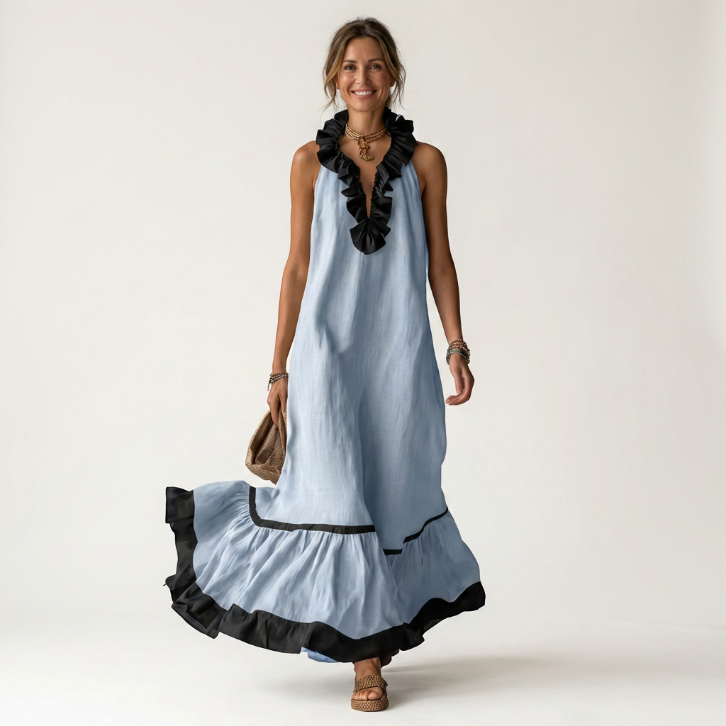 Mayline sleeveless ruffle-neck maxi dress in sky blue, front view