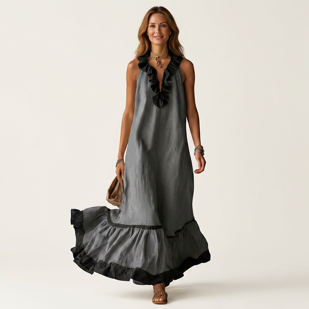 Mayline sleeveless ruffle-neck maxi dress in dark grey, full-length front view