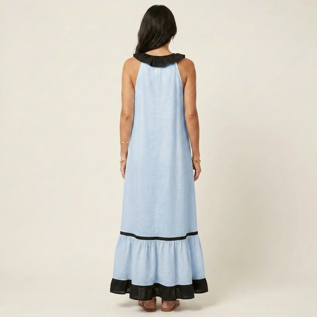 Mayline maxi dress in sky blue, back view with contrast hem ruffle
