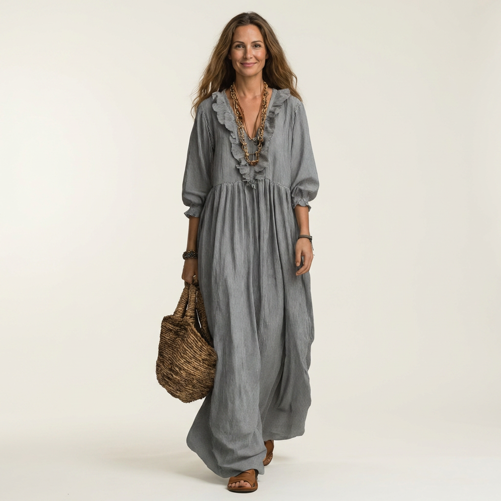 Yosetta ruffle V-neck maxi dress in grey, full-length front view