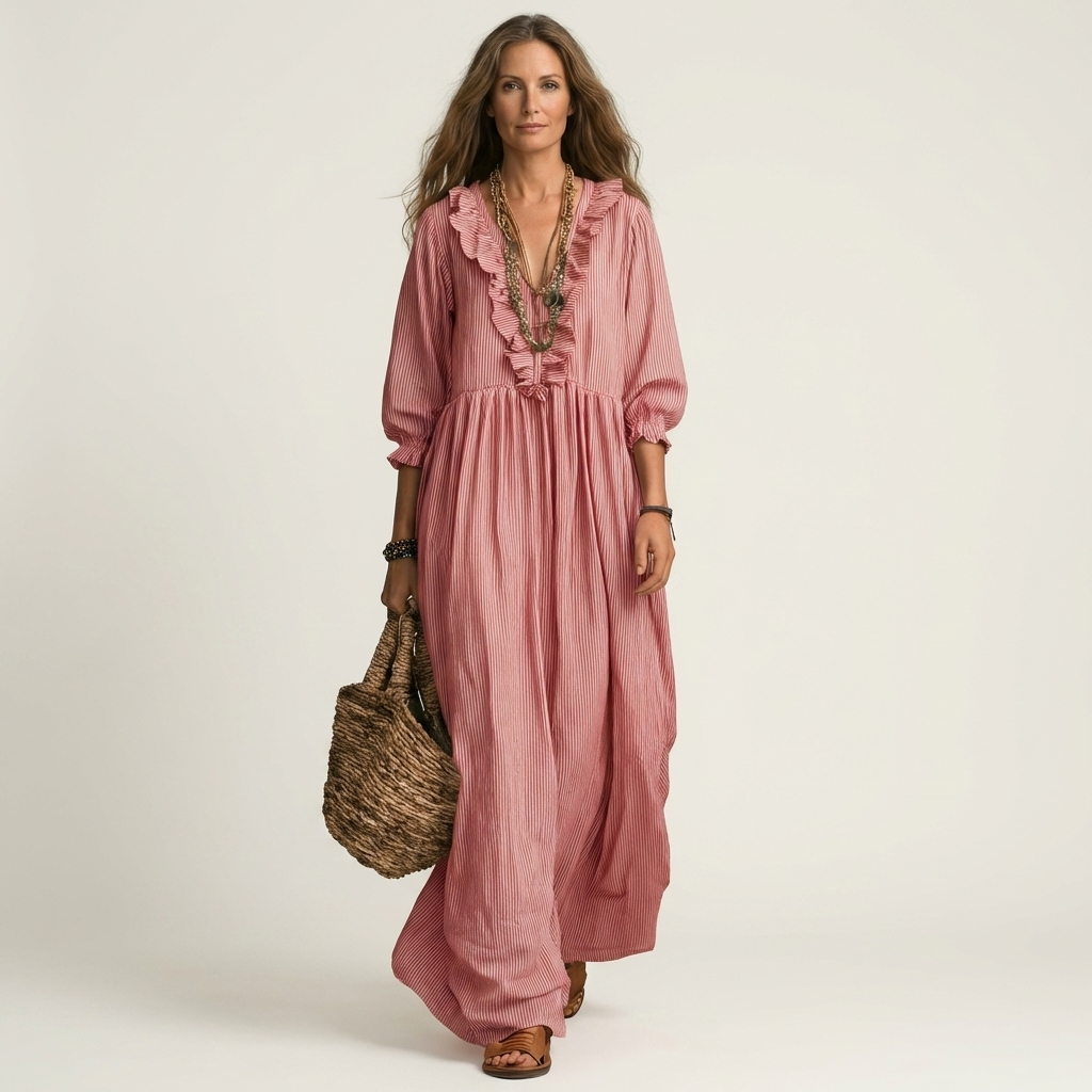 Yosetta ruffle V-neck maxi dress in blush pink, front view