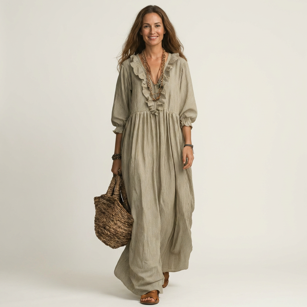 Yosetta ruffle V-neck maxi dress in khaki, front view
