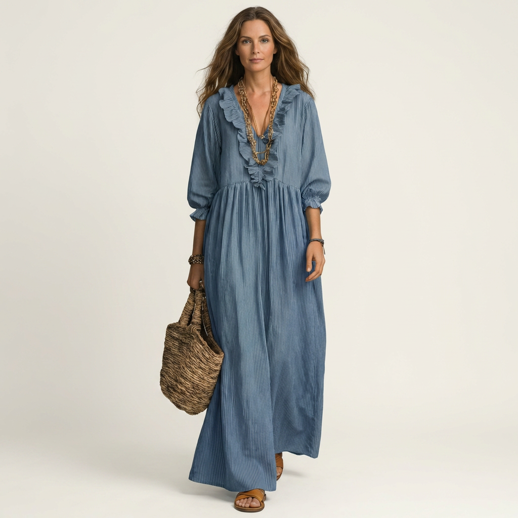 Yosetta ruffle V-neck maxi dress in denim blue, front view