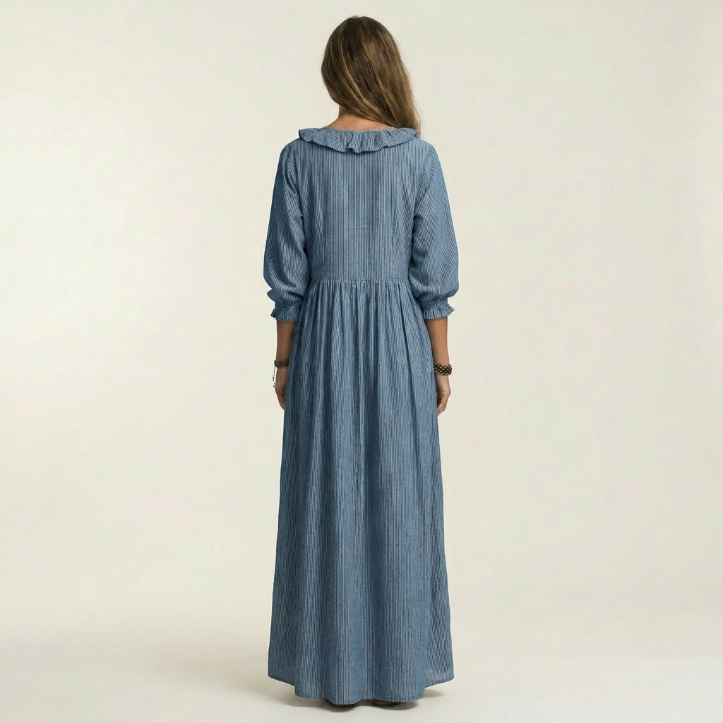 Yosetta striped maxi dress in denim blue, back view