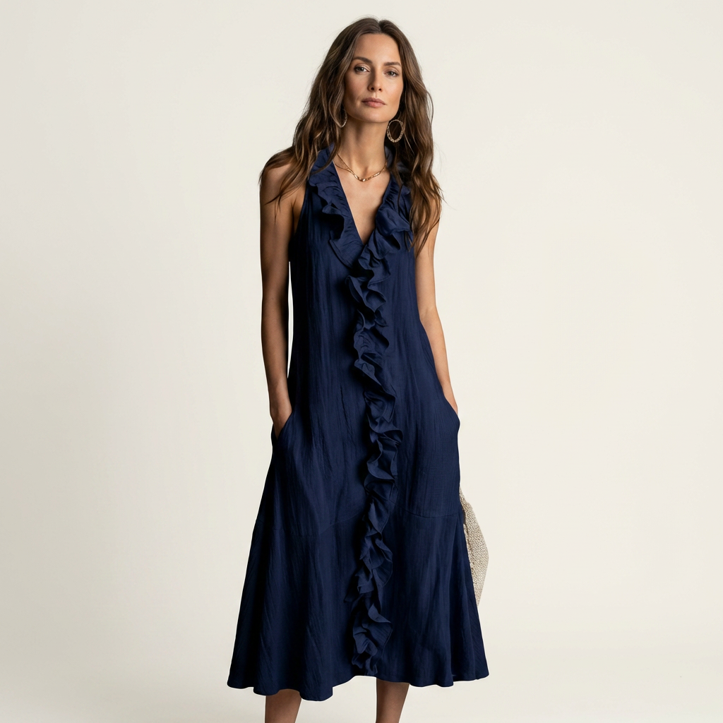 Vicky ruffle-front maxi dress in navy blue, full-length front view