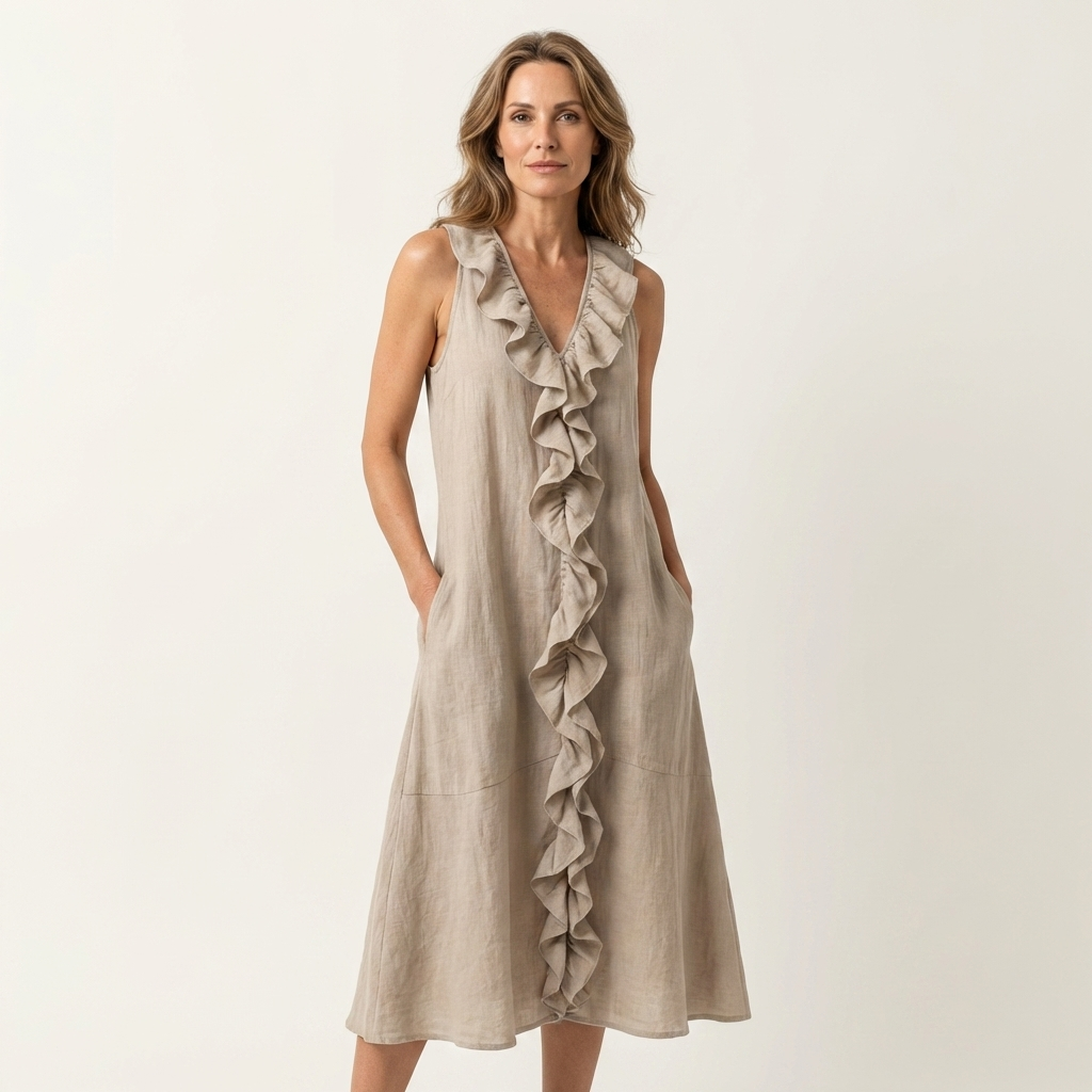 Vicky ruffle-front maxi dress in khaki, front view showing side pockets