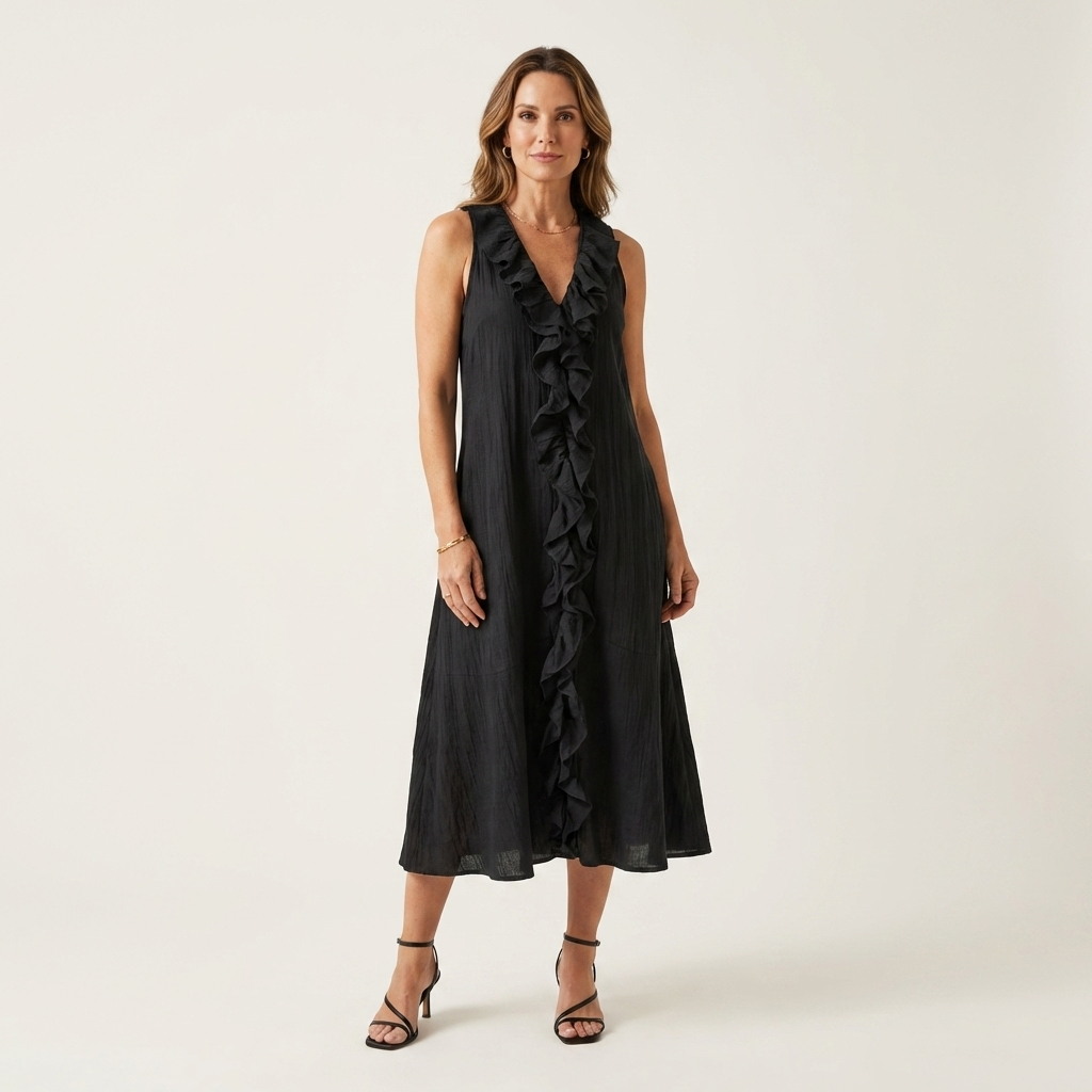 Vicky ruffle-front maxi dress in black, full-length front view