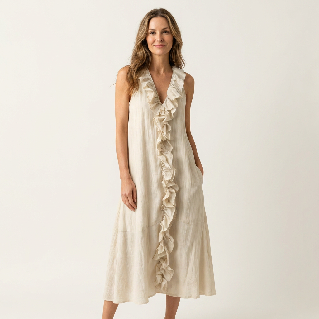 Vicky ruffle-front maxi dress in cream, full-length front view