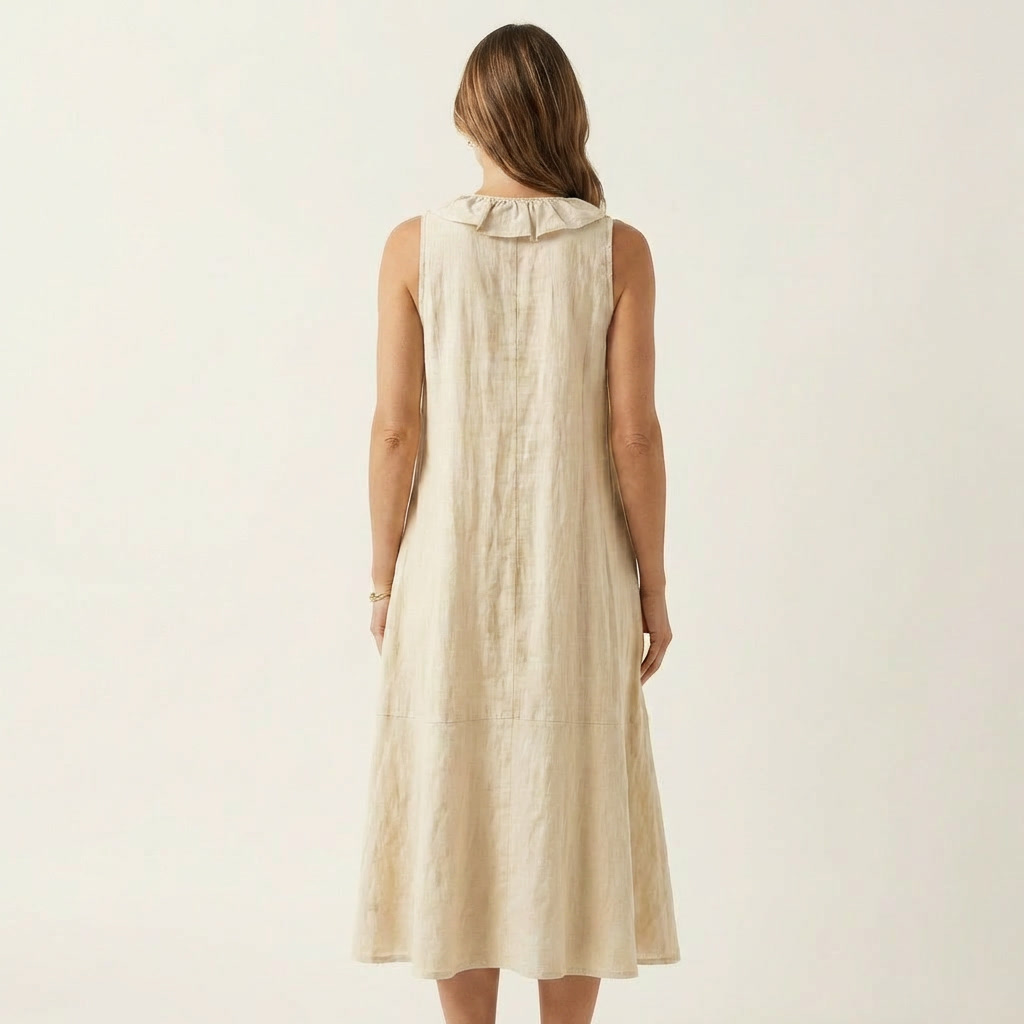 Vicky sleeveless linen maxi dress in cream, back view with ruffle collar