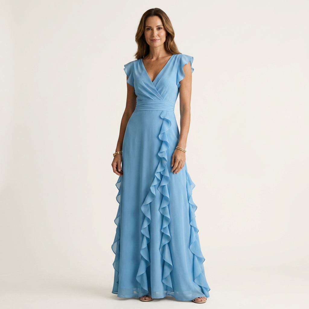 Nellyana cascading ruffle maxi dress in sky blue, full-length front view