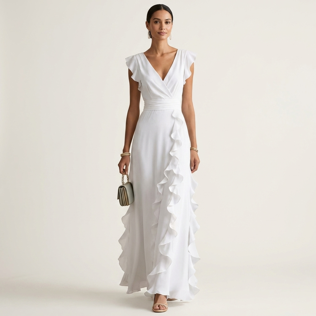 Nellyana cascading ruffle maxi dress in white, full-length front view