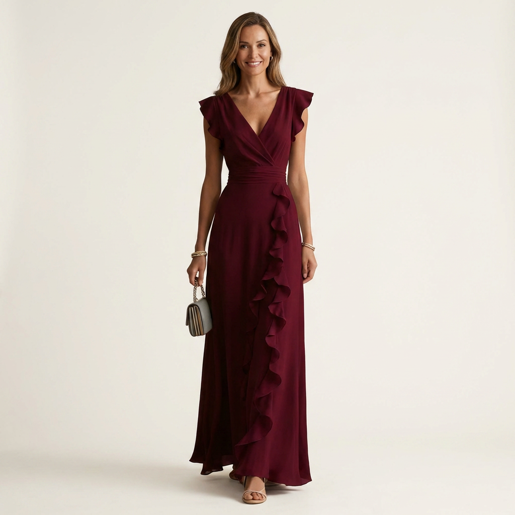 Nellyana cascading ruffle maxi dress in burgundy, full-length front view