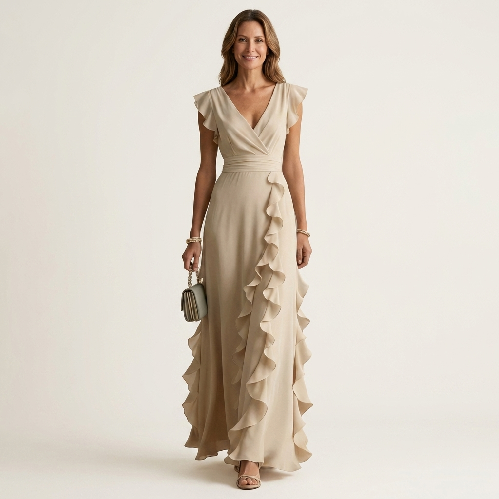 Nellyana cascading ruffle maxi dress in beige, full-length front view