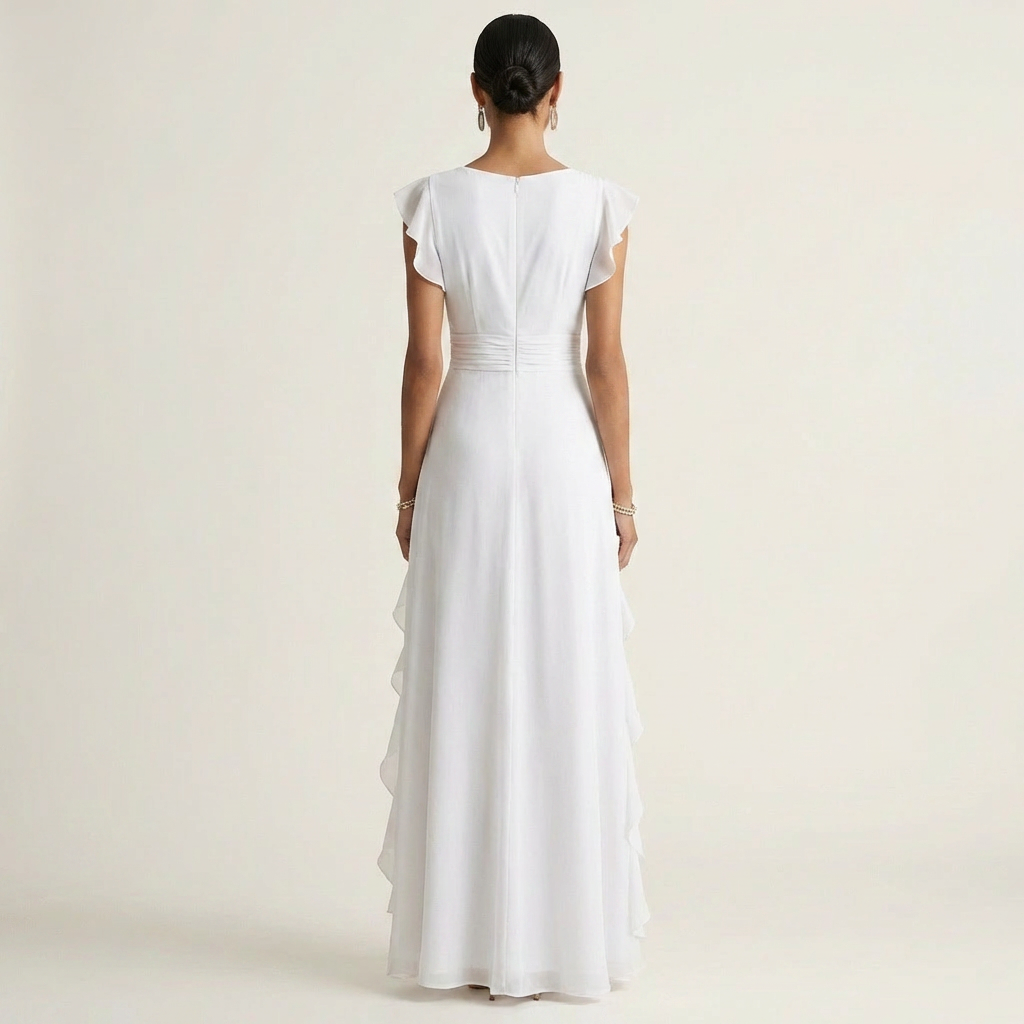 Nellyana maxi dress in white, full-length back view