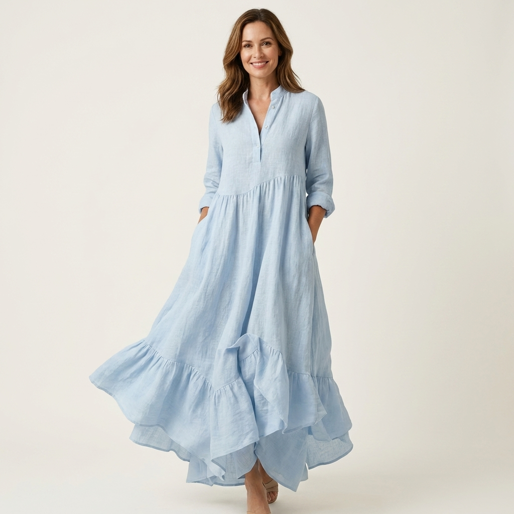 Jilana ruffle hem maxi dress in light blue, full-length front view