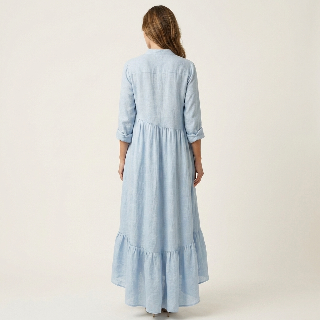 Jilana ruffle hem maxi dress in light blue, back view
