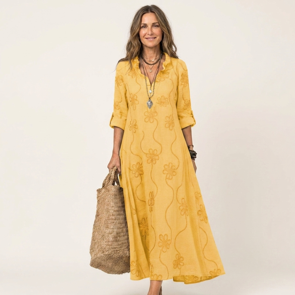 Mariam embroidered maxi dress in yellow, full-length front view