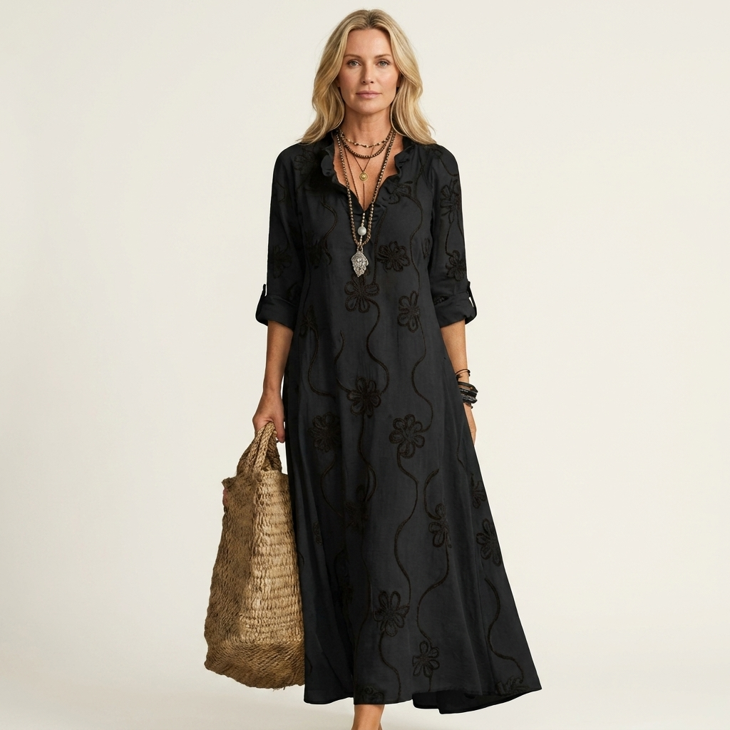 Mariam embroidered maxi dress in black, full-length front view
