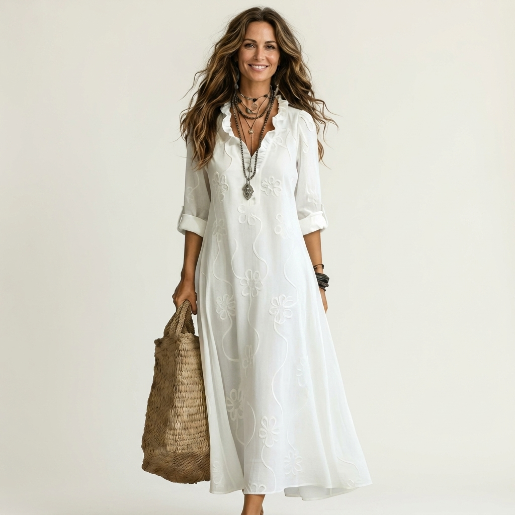 Mariam embroidered maxi dress in white, full-length front view