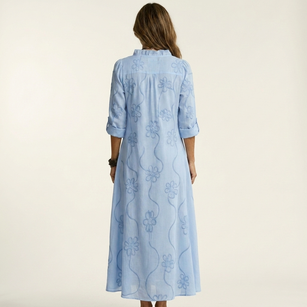 Mariam embroidered maxi dress in light blue, back view