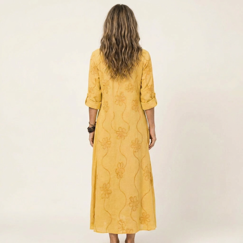 Mariam embroidered maxi dress in yellow, back view
