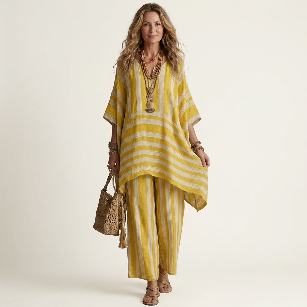 Kiara two-piece striped set in yellow, full-length front view