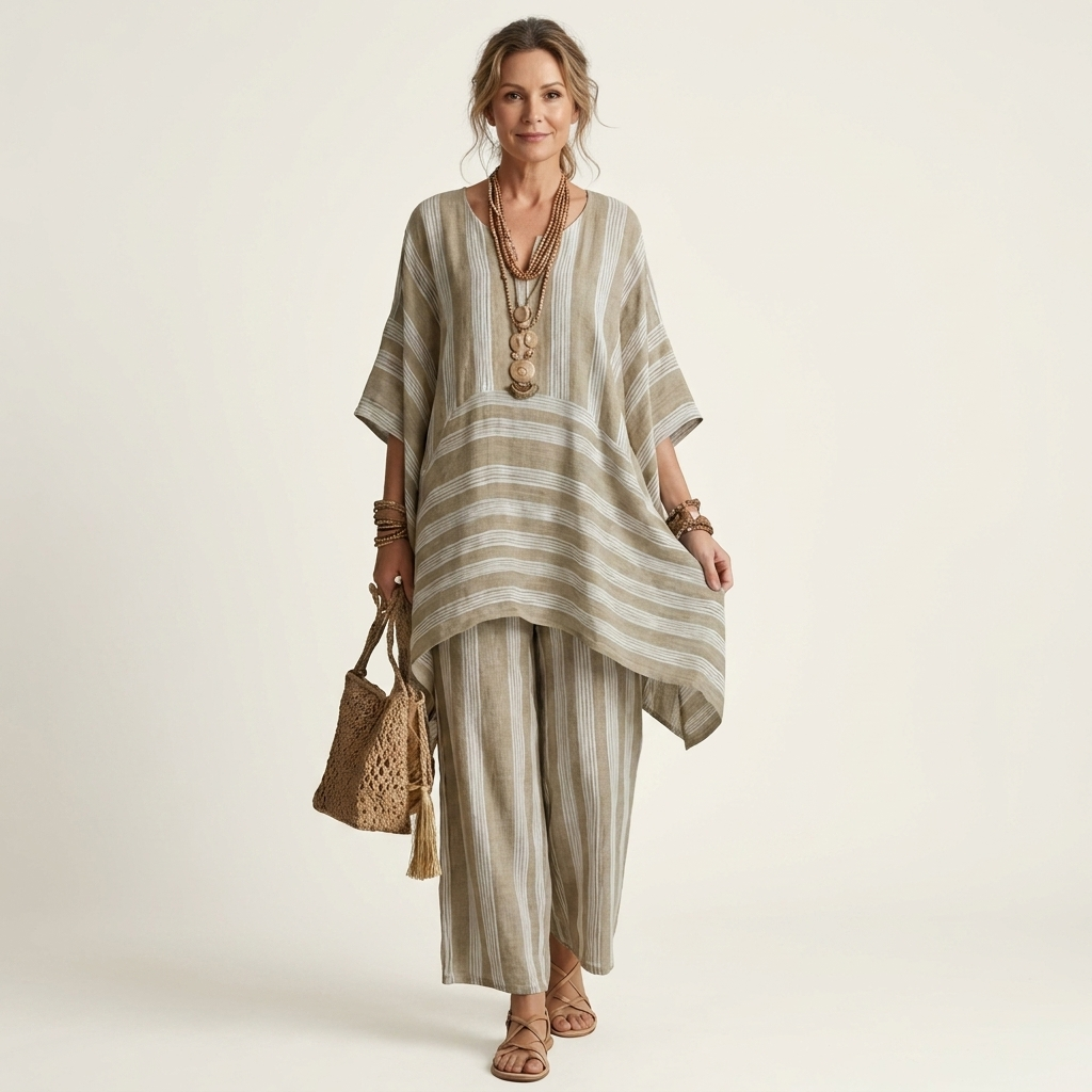 Kiara two-piece striped set in khaki, full-length front view