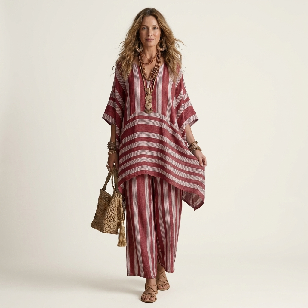 Kiara two-piece striped set in red, front view on model