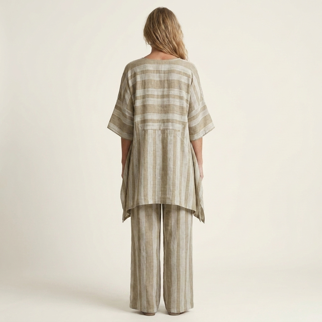 Kiara striped tunic set in khaki, back view showing hi-lo hem