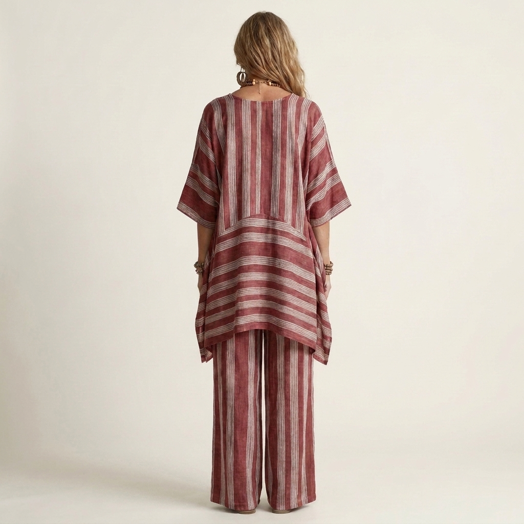 Kiara striped tunic and wide-leg trousers in red, back view