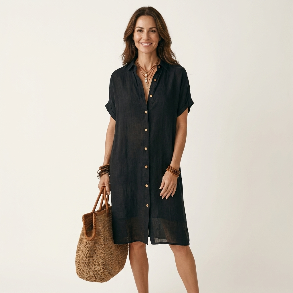 Nidalie midi shirt dress in black, full-length front view