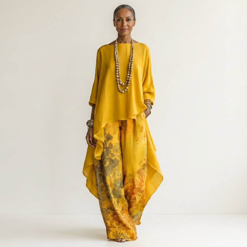 Cariola two-piece set in mustard yellow, full-length front view