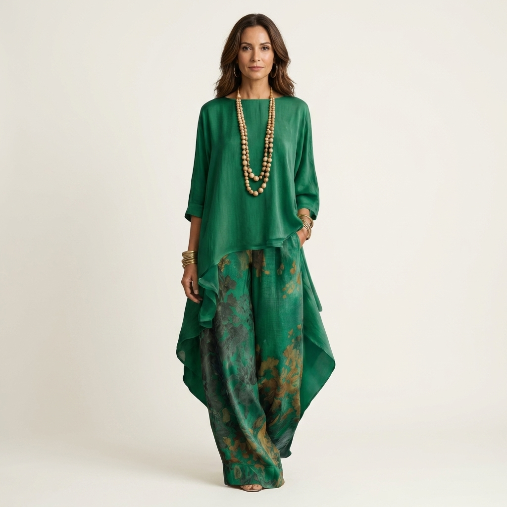 Cariola two-piece set in green, front view with floral wide-leg trousers