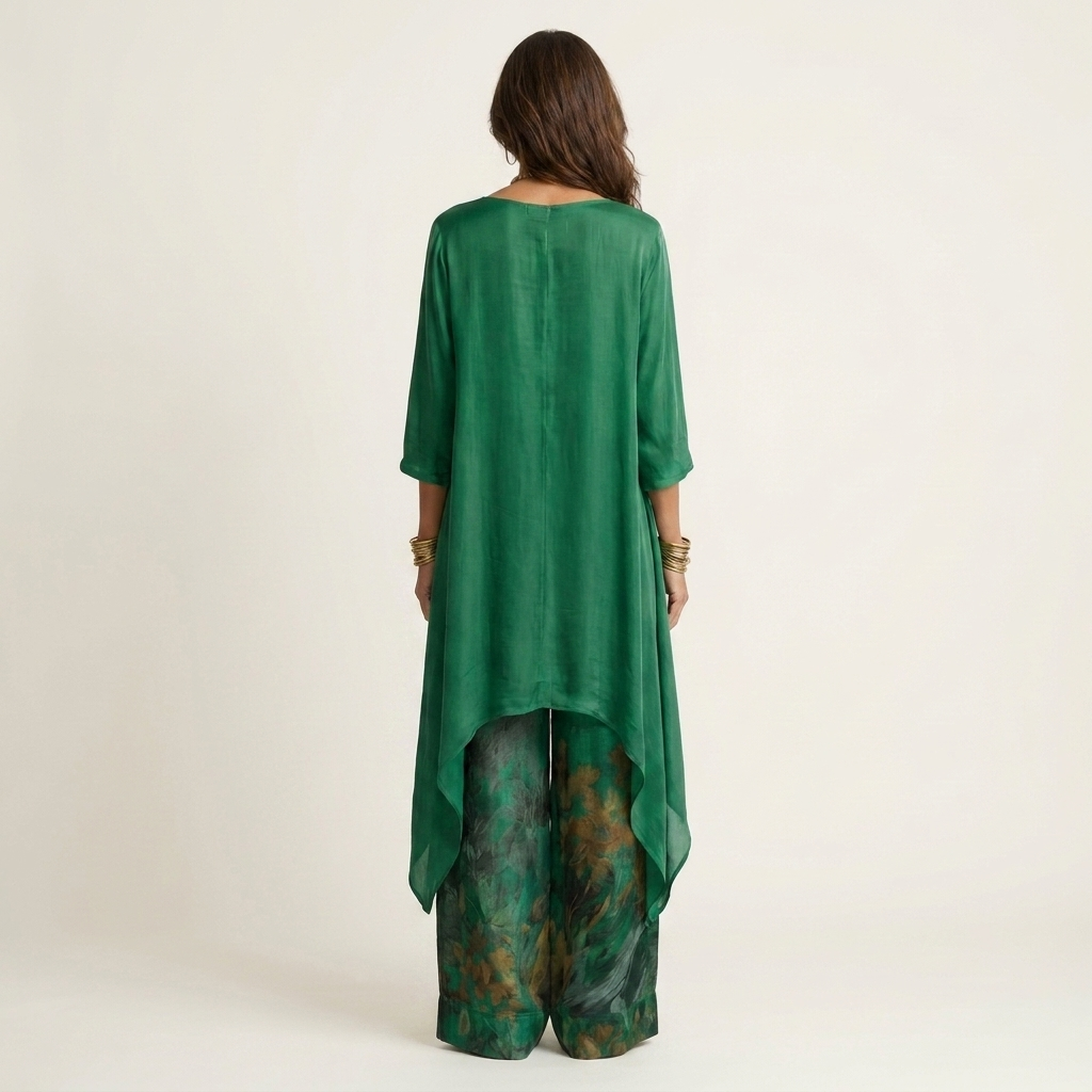 Cariola asymmetric tunic set in green, back view showing high-low hem