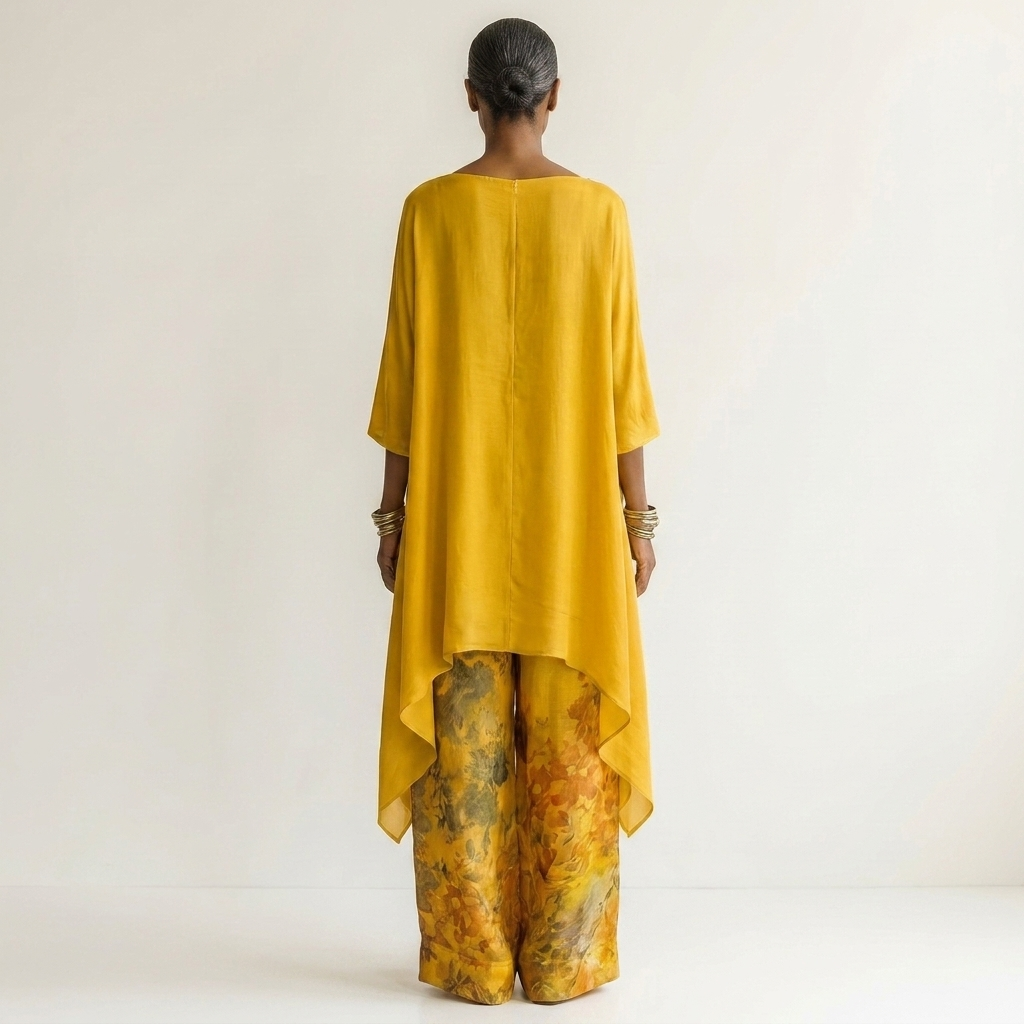Cariola asymmetric tunic set in mustard yellow, back view