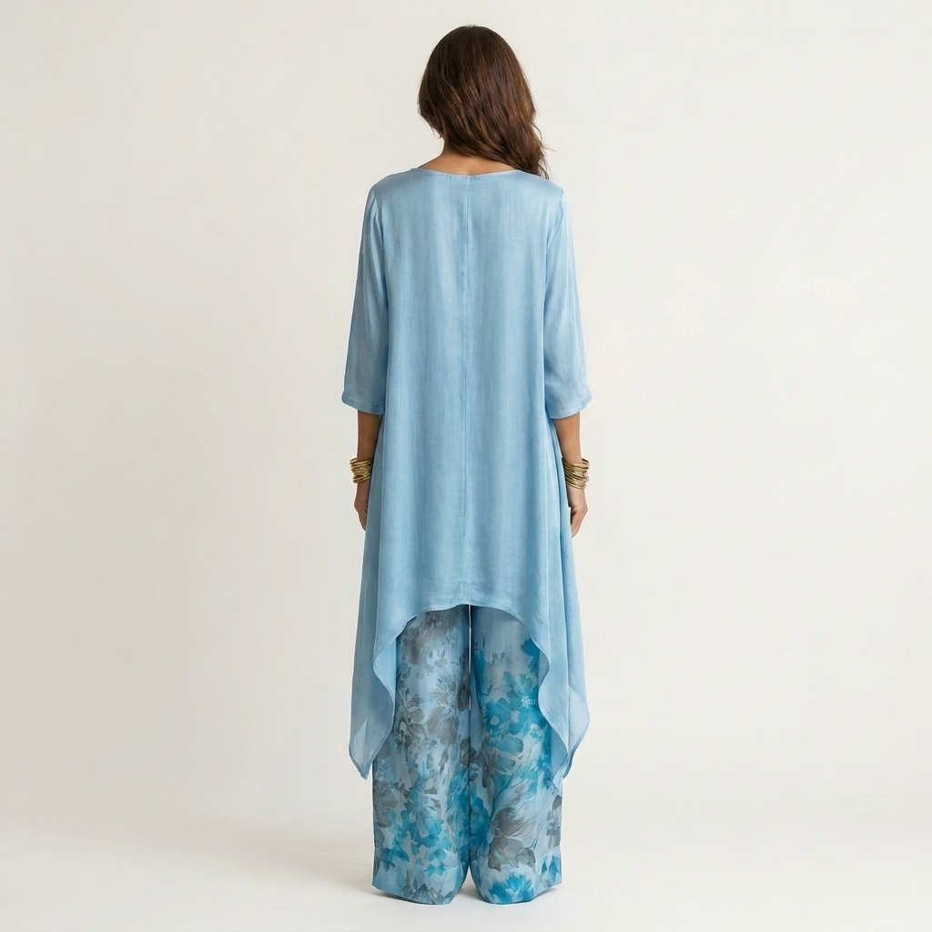 Cariola asymmetric tunic set in sky blue, back view