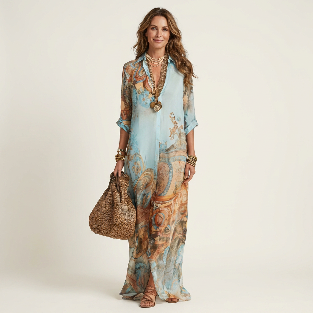 Lanie maxi shirt dress in blue Baroque print, full-length front view